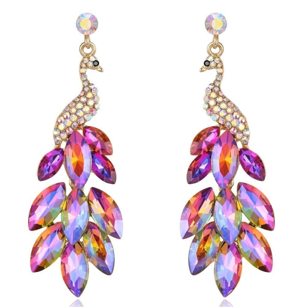 Yellow Gold Purple Iridescent AB Austrian Crystal Peacock Chandelier Earrings